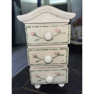 Vintage Hand Painted Floral Wooden Mini Chest 3 Drawers Jewelry Trinket Box Rose